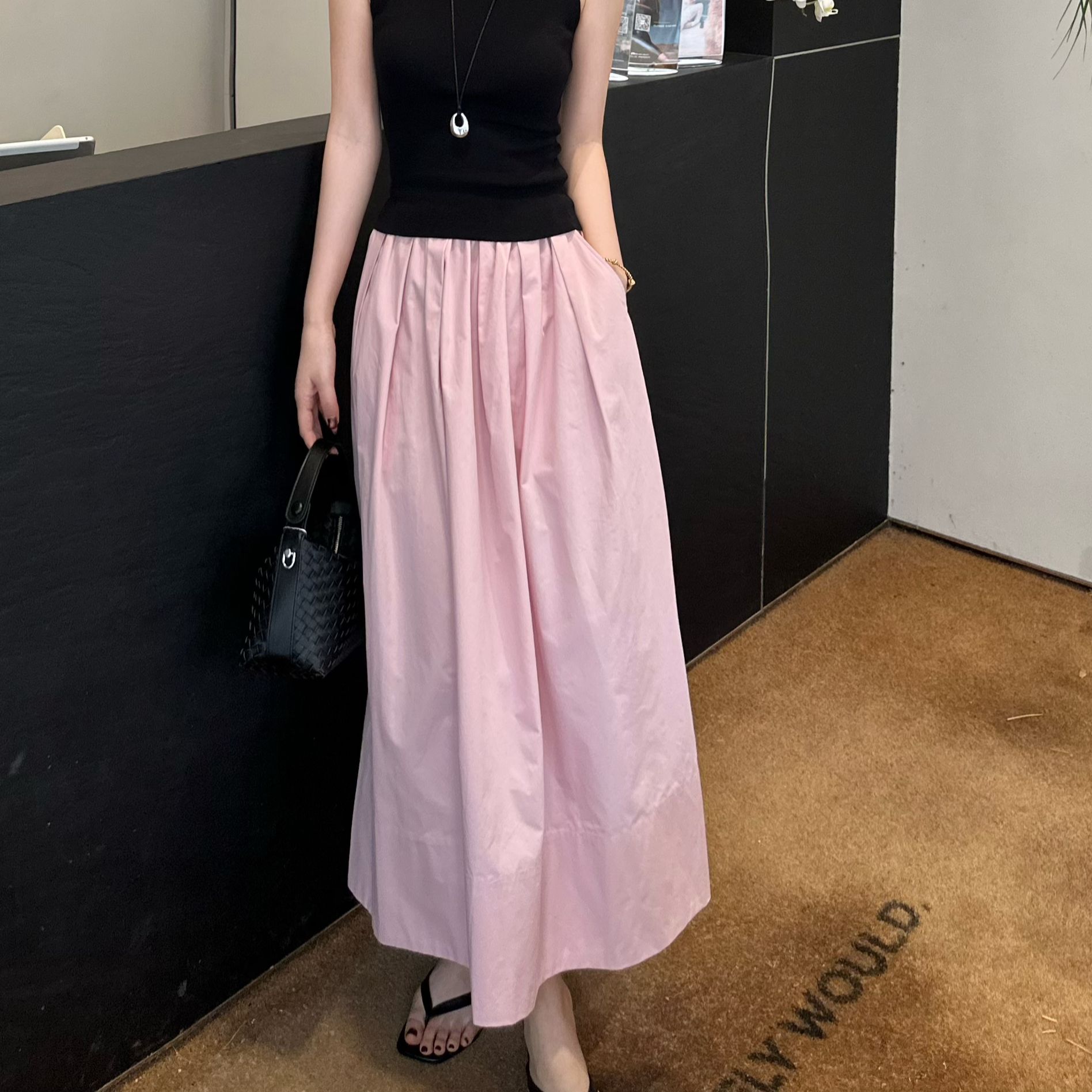 LUOZHIYIN/罗知音D212721TF松紧腰速干女装半裙纯色老钱风半身裙