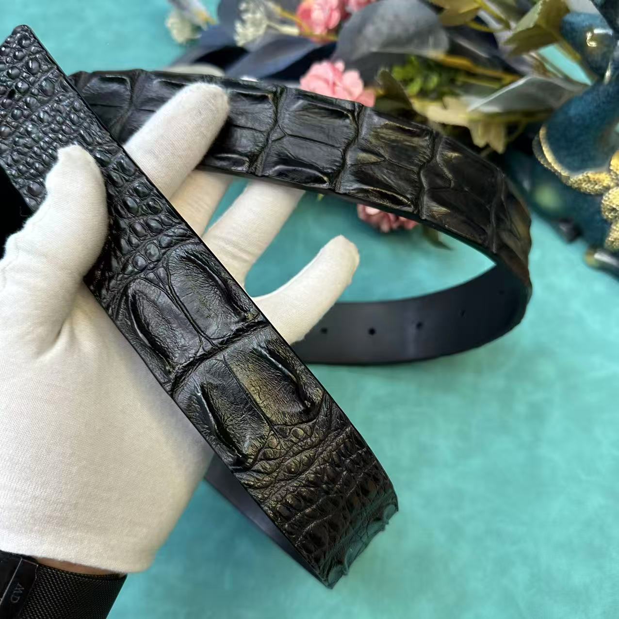 （单腰带）单面龙骨3.8宽湾鳄鳄鱼皮腰带