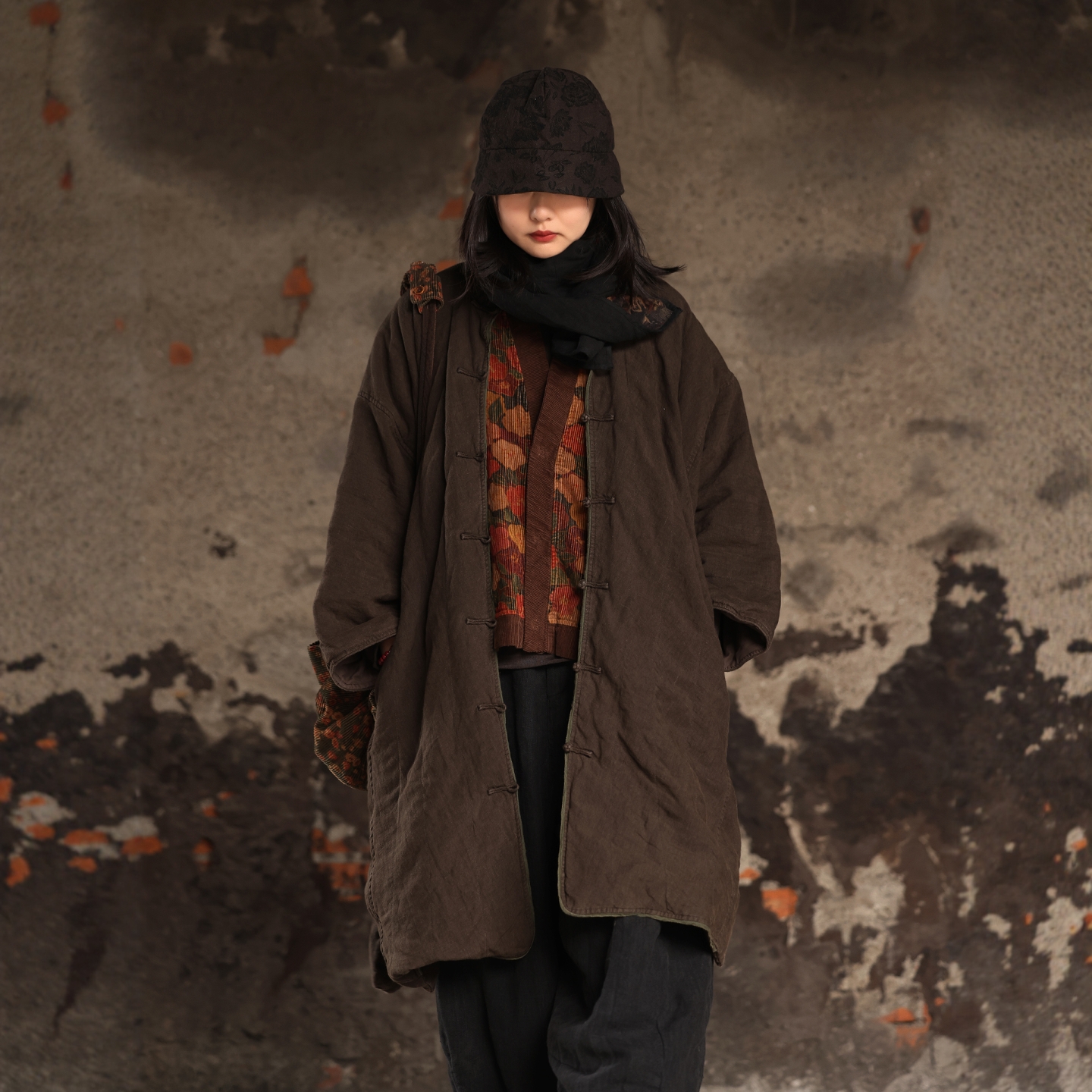 衣路走来原创设计冬季麻复古盘扣中长款棉衣39116