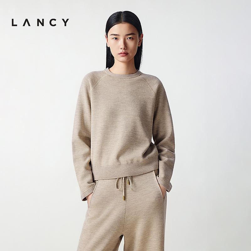 LANCY/朗姿2025冬新款休闲羊毛套头针织衫时尚设计感圆领上衣女秋