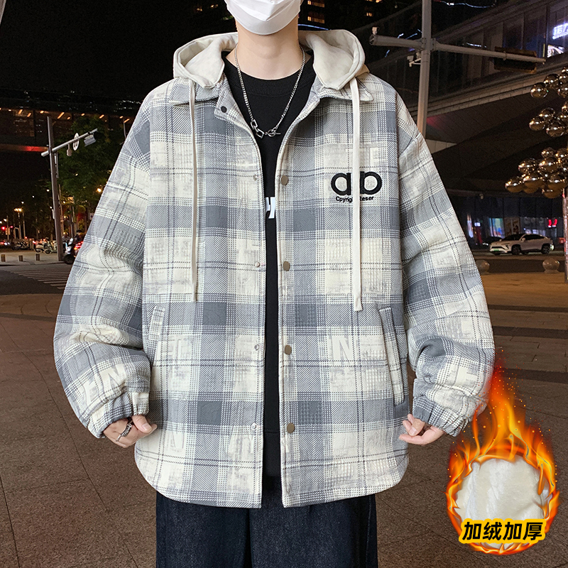 冬季加绒加厚男士夹克外套 大码学生青少年格子假两件连帽棉衣