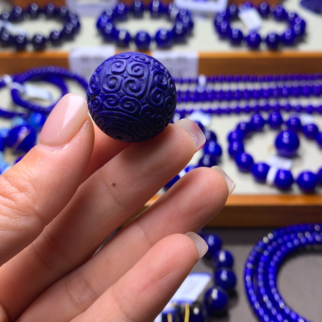 青金石单珠未镶嵌雕刻回纹珠22mm