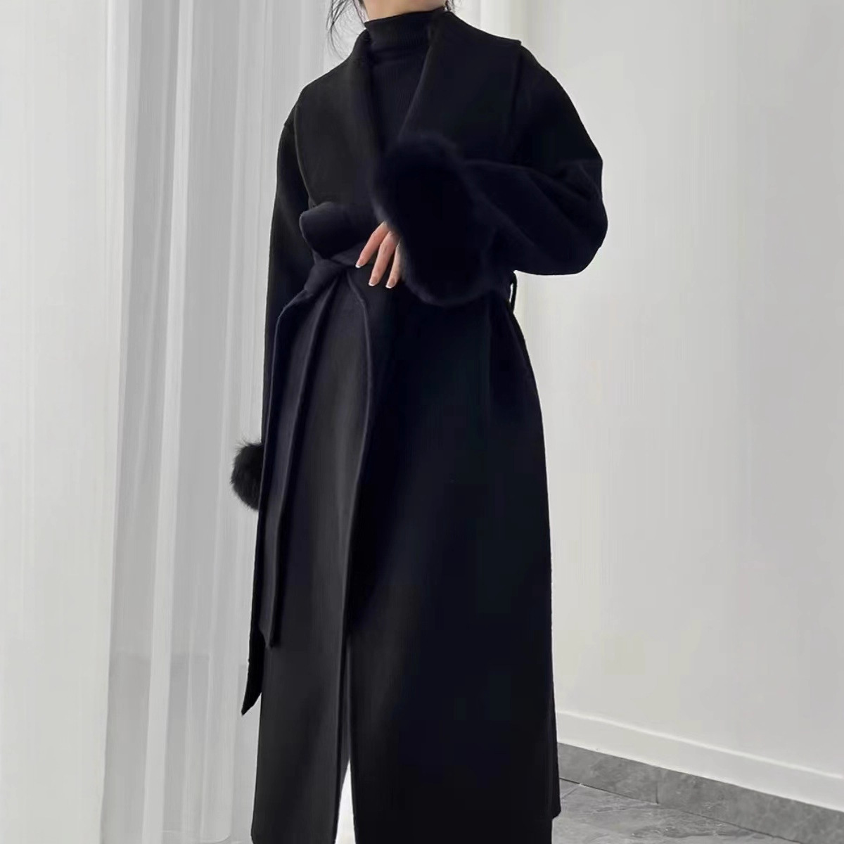 狐狸毛袖大衣女双面羊绒2025秋冬新款高端显瘦长款羊毛呢外套女装