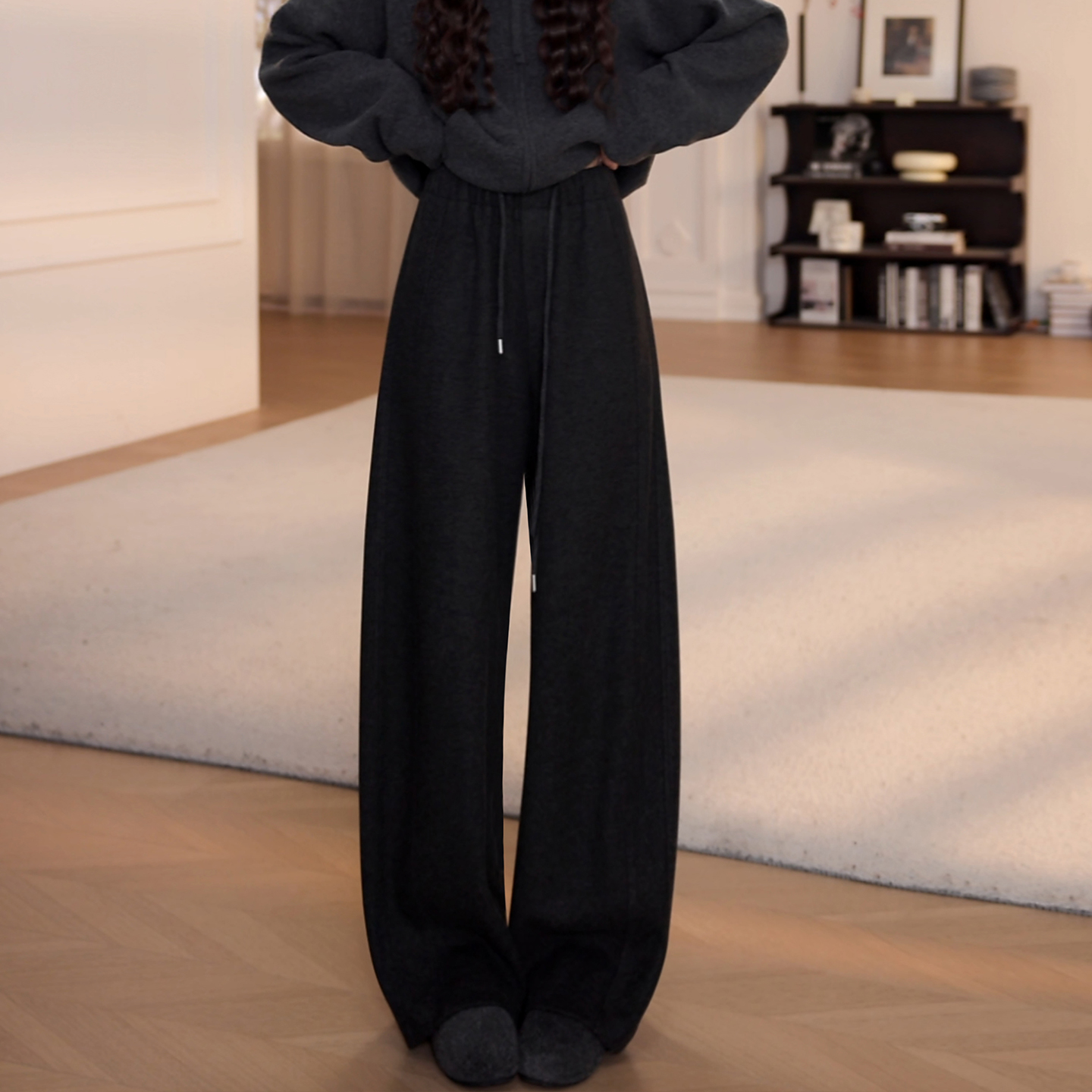 【SHISHI】深灰色加绒休闲裤女秋冬新款高腰显瘦直筒阔腿裤长裤5530