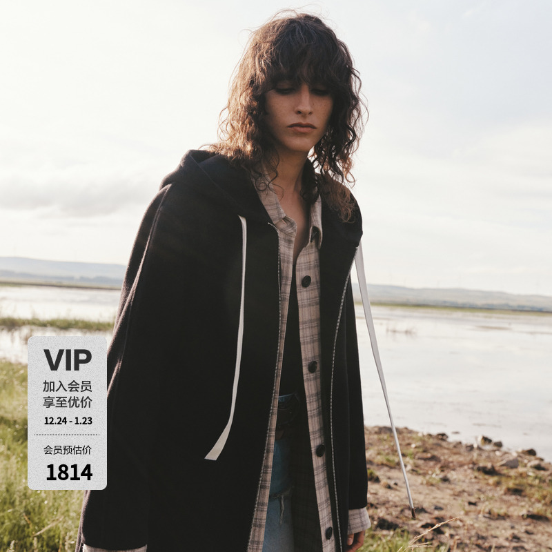 MOCO毛呢大衣2025冬新品绵羊毛骆驼绒连帽廓形抽绳拉链MBE4OVCT07