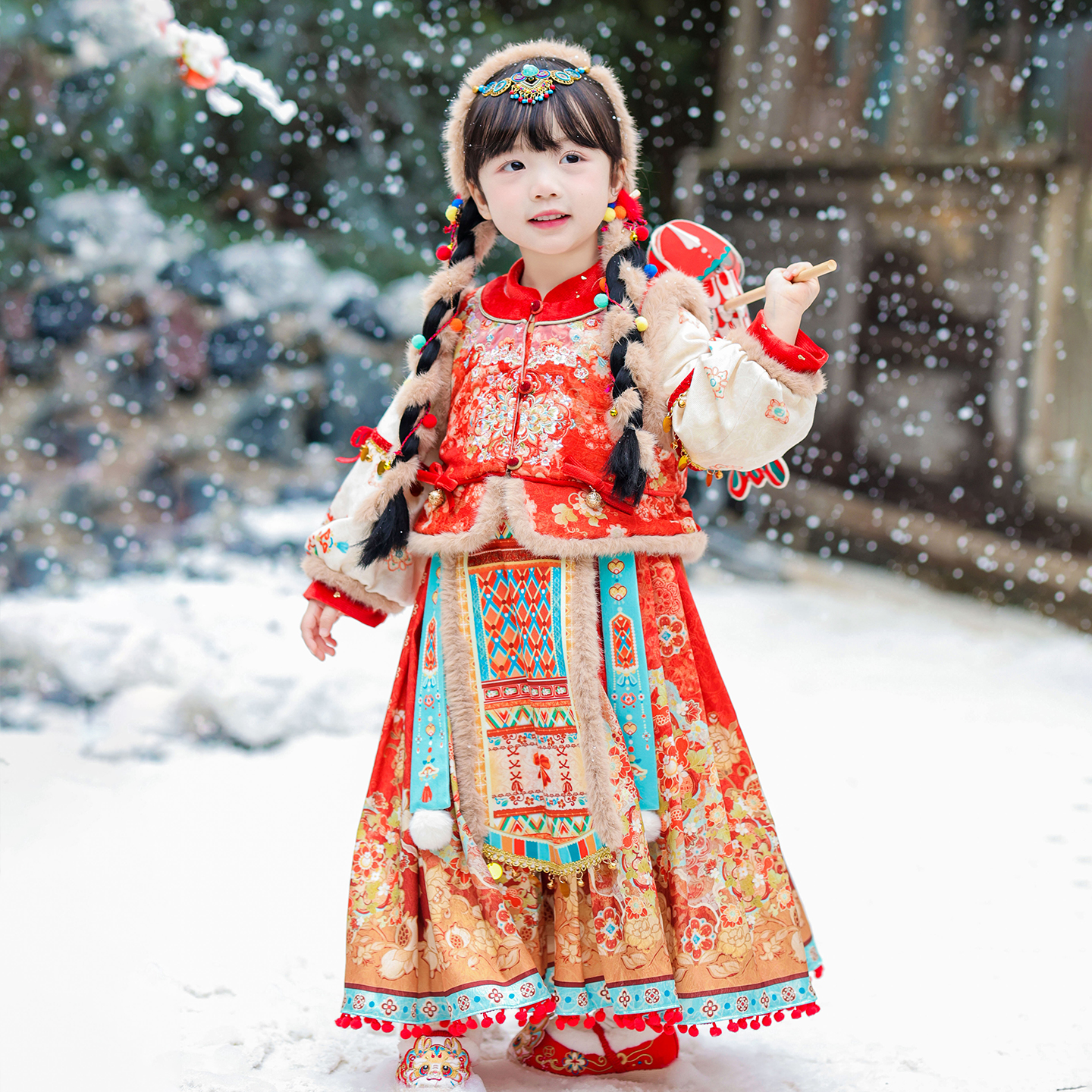 古月家汉服女童冬儿童新中式加厚明制马面裙套装女孩西域风拜年服