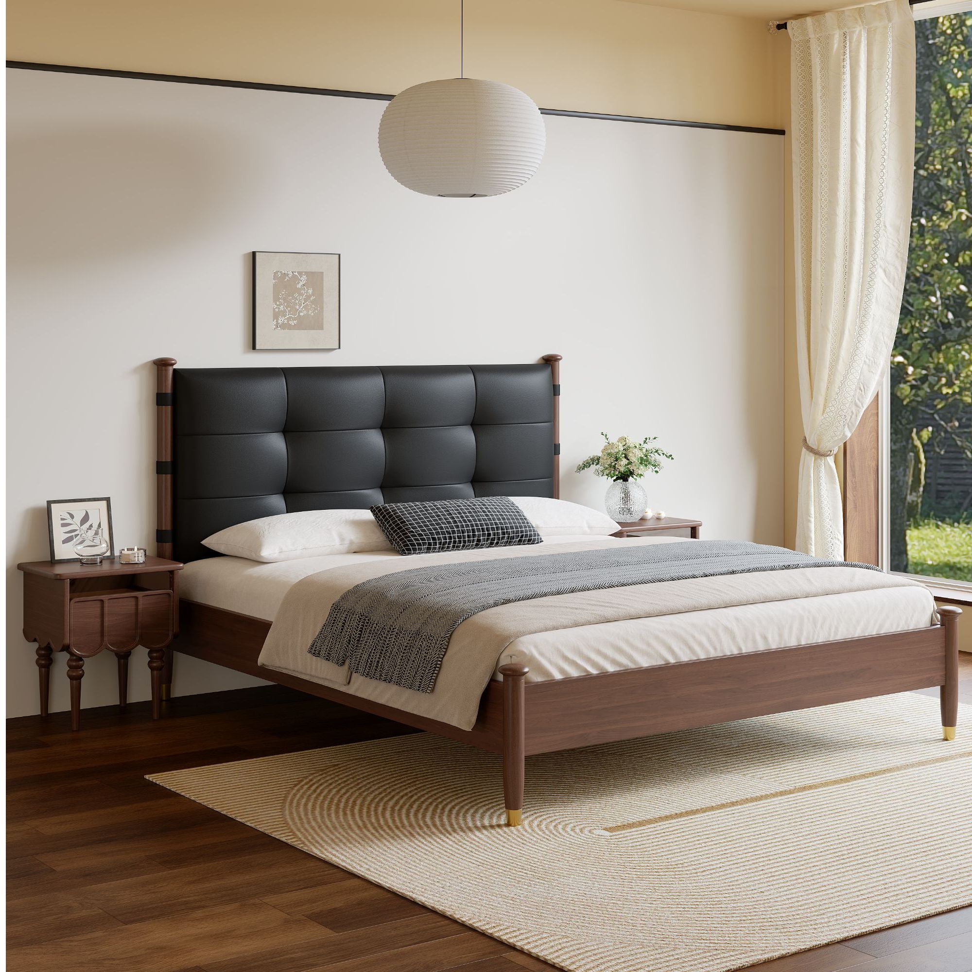 现代轻奢简约中古风大床法式美式百搭真皮主卧双人床婚床实木床