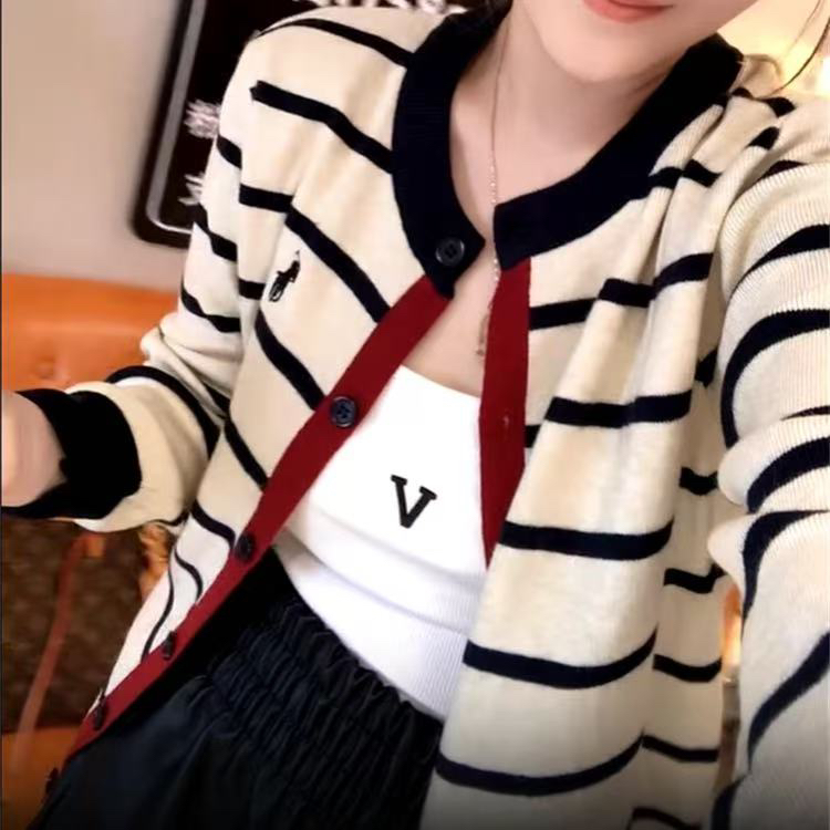 韩系慵懒风条纹撞色针织开衫秋季百搭女款上衣