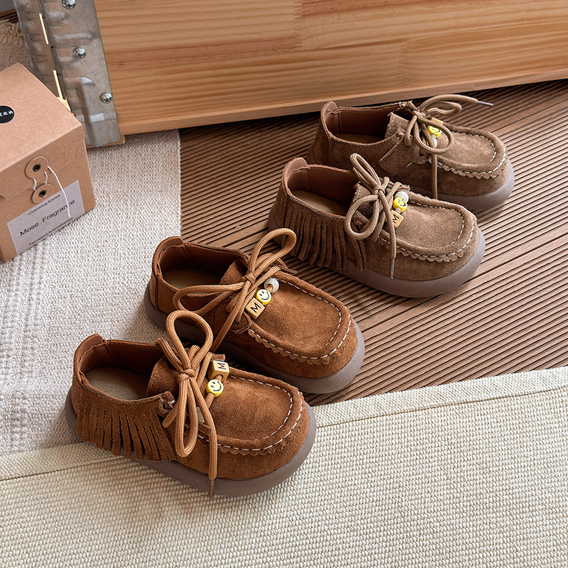 女童勃肯鞋2025春秋季新款复古流苏皮鞋中大童软底防滑豆豆鞋819