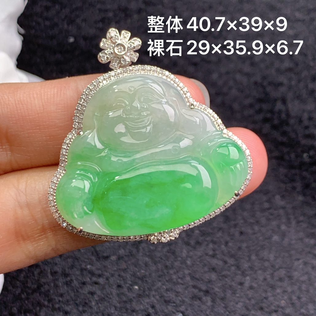 18k金镶嵌天然缅甸A货翡翠阳绿佛公吊坠40.7×39×9/29×35.9×6.7