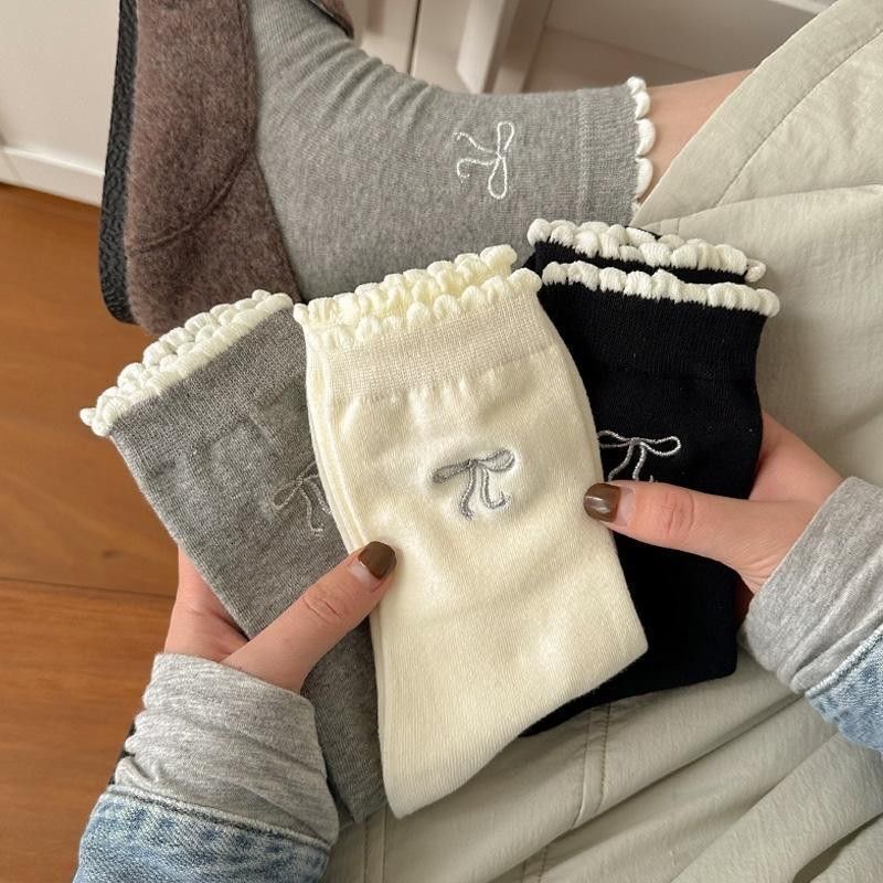 芭蕾风袜子女ins潮百搭花边百搭蝴蝶结中筒袜纯色春夏吸汗四季袜