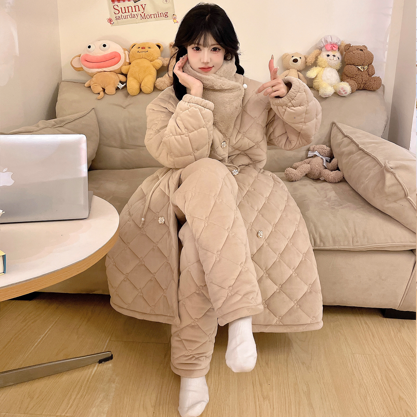 三层夹棉加厚加绒睡袍可外穿冬季睡衣女士宽松珊瑚绒家居服 9050