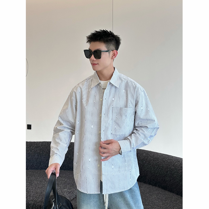 【时尚起易】潮流个性韩版宽松港风条纹休闲日系小众帅气衬衣外套男