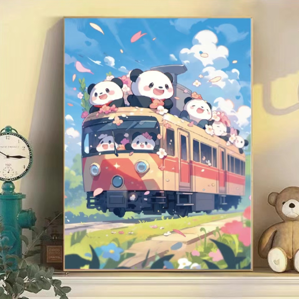 纯手工十字绣成品熊猫列车新款客厅儿童房卡通可爱装饰画80*60cm
