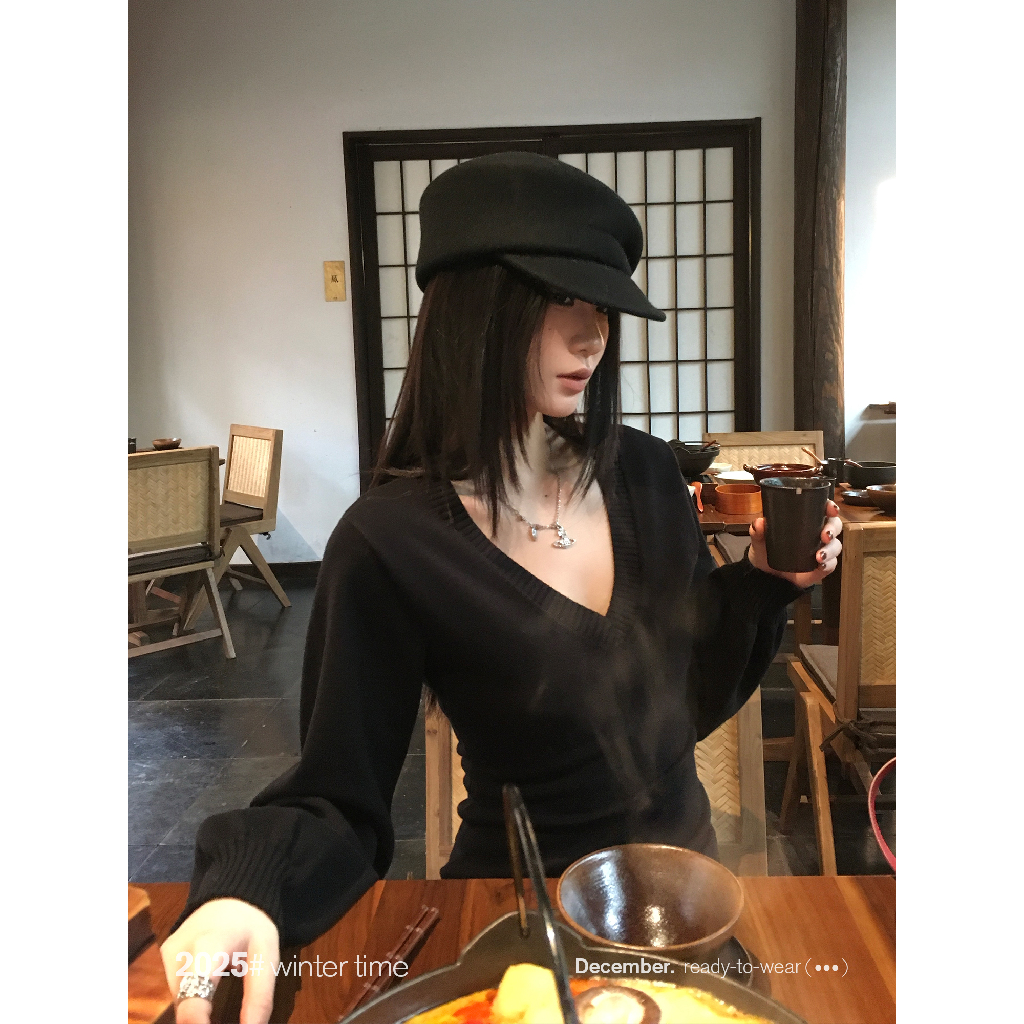 SUNONEONE【盈袖引廓】冬季时尚百搭收腰V领灯笼袖毛衣女 D0501Z