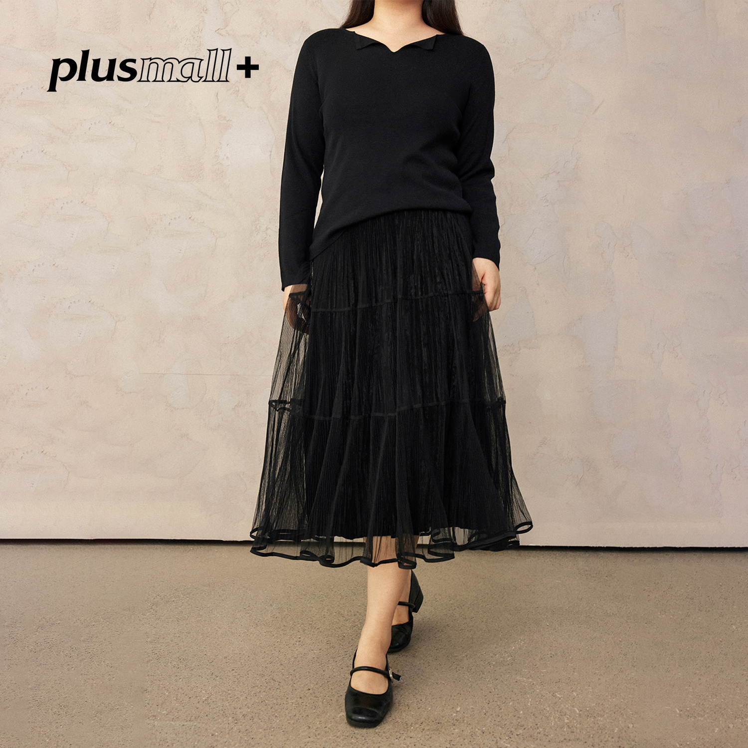 PLUSMALL 月桂琥珀 重工网纱丝绒压褶光泽感秋冬百褶裙PM2509120