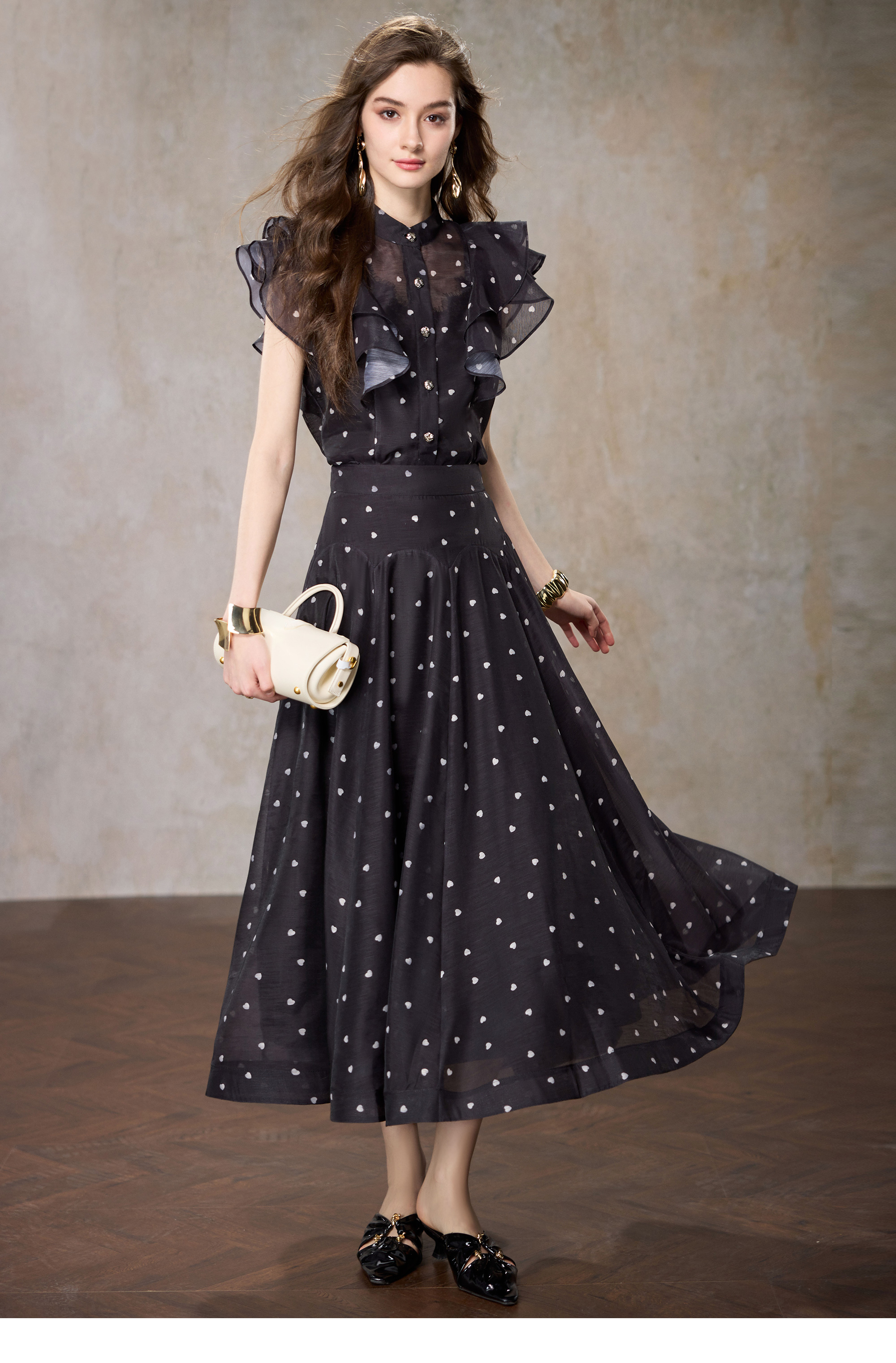 【浅浅专属】黑色设计感荷叶边波点衬衫职业套装女显瘦半身裙两件套