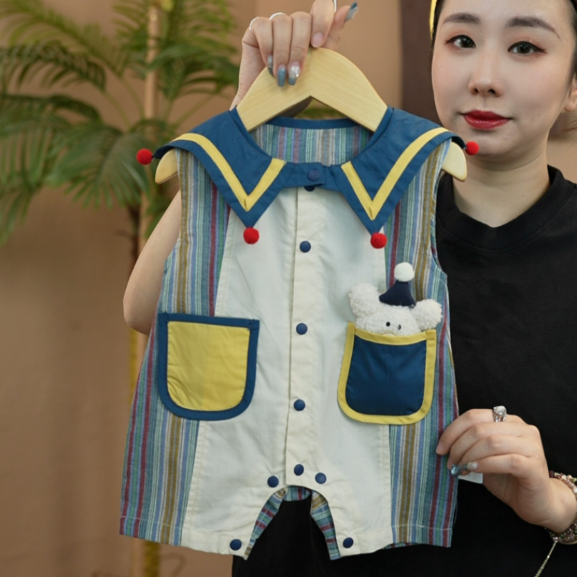【自带口水巾】夏季婴幼儿连体衣夏短袖男女宝宝休闲连帽爬服哈衣