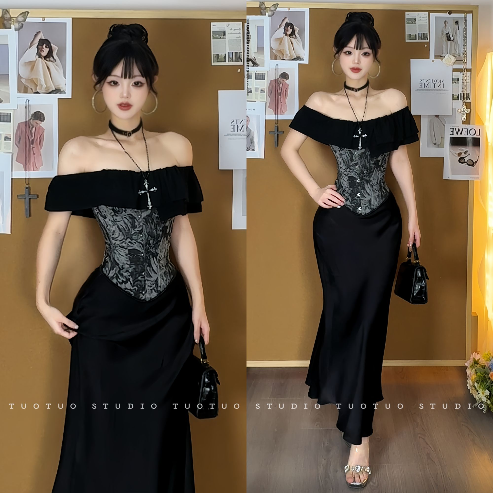 TUOTUO「午后茶歇2.0」重工提花鱼骨胸衣收腰T恤南瓜裙鱼尾裙套装