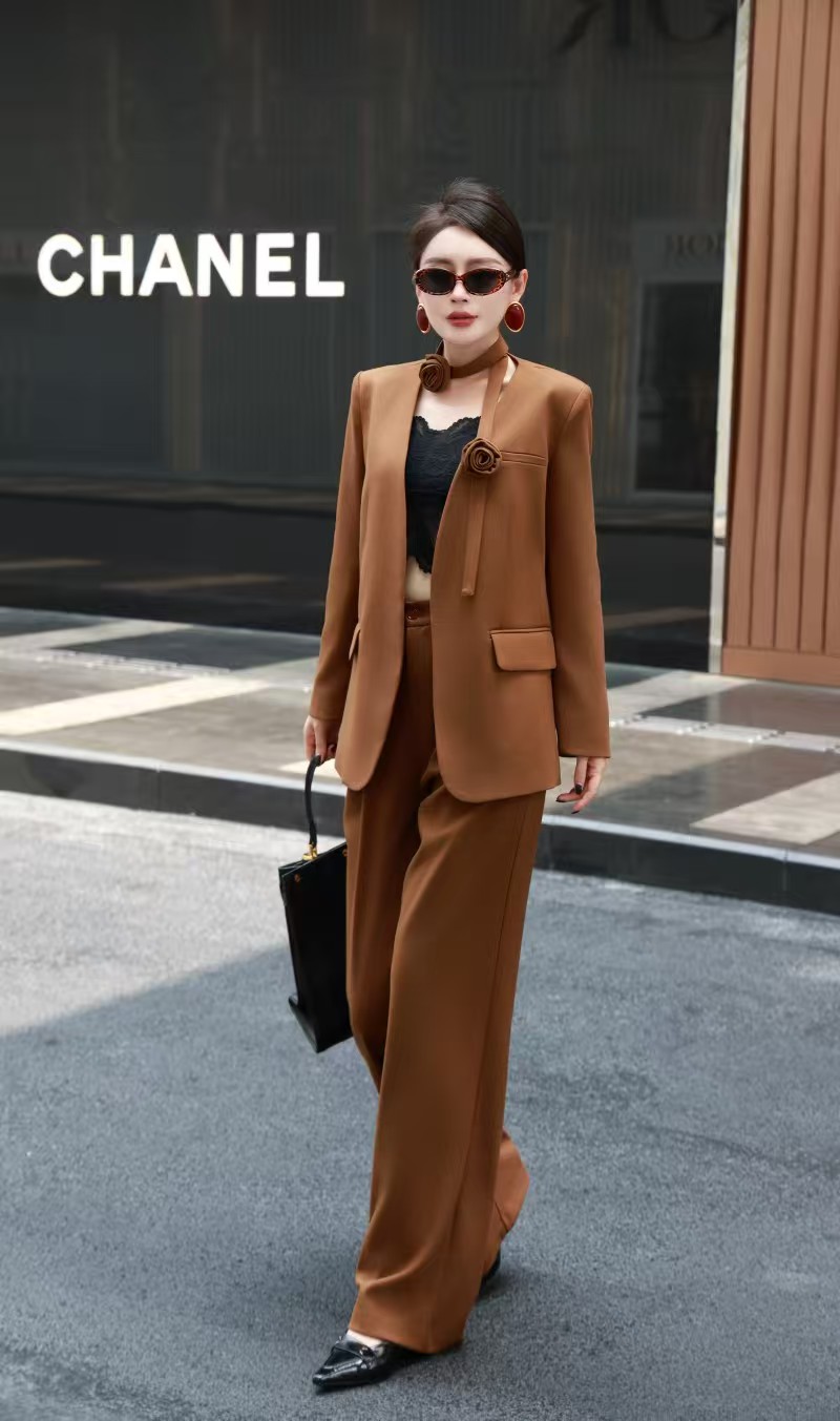 宽松西服纽扣上衣纯色西装裤名媛西装套装