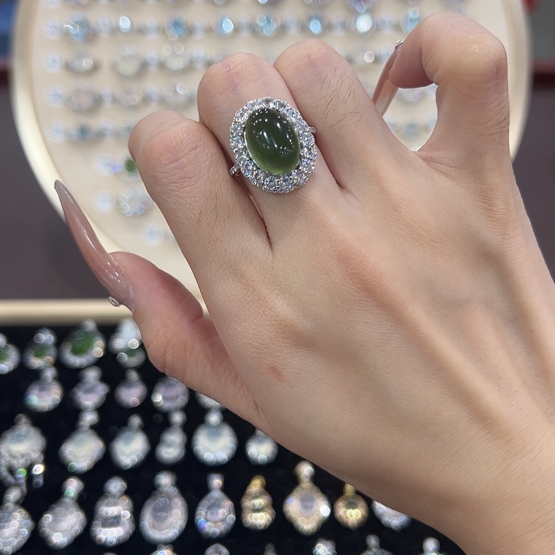 妙***神蛇纹石玉银S925镶嵌戒指