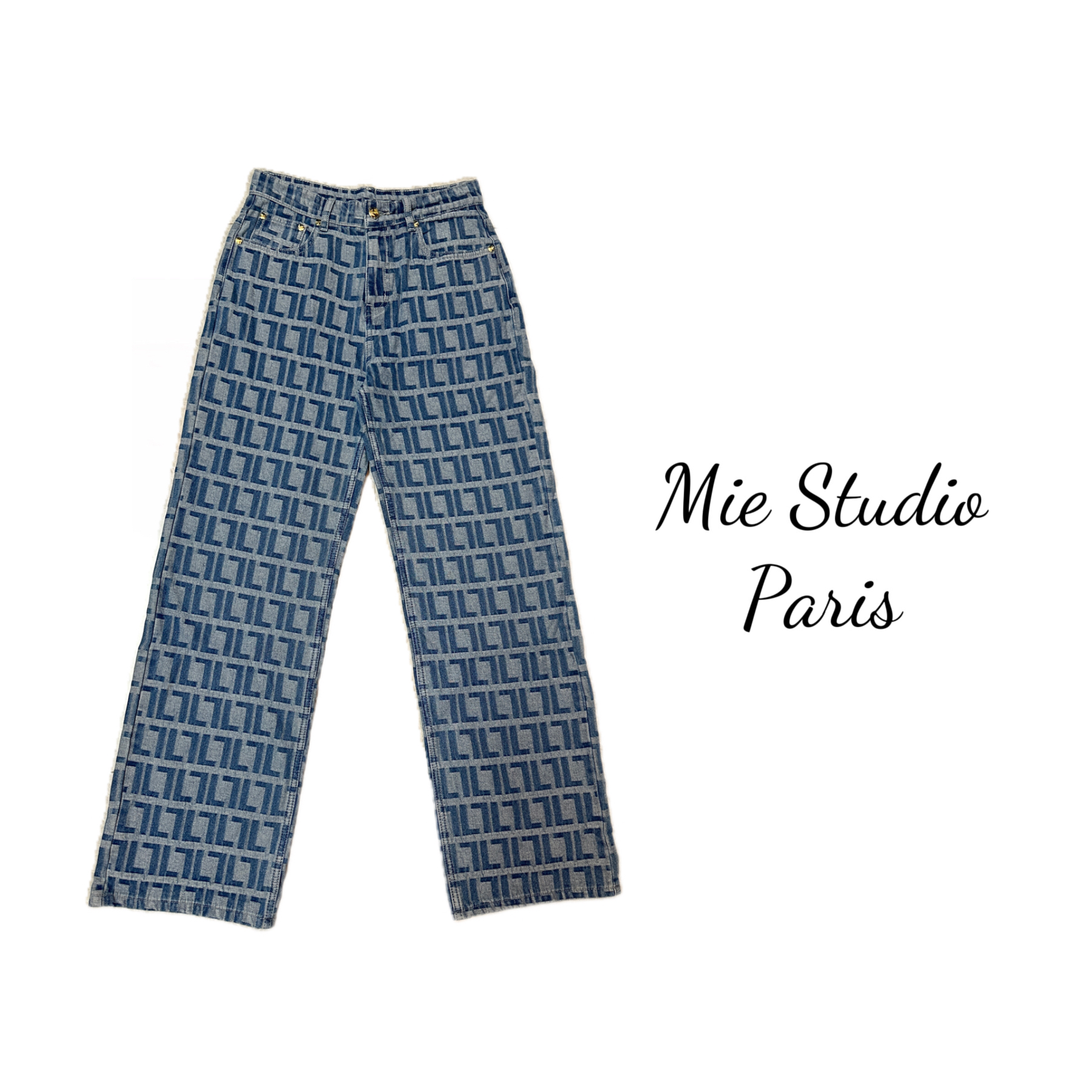 F满印提花蓝色直筒牛仔裤（#6895 #8137）