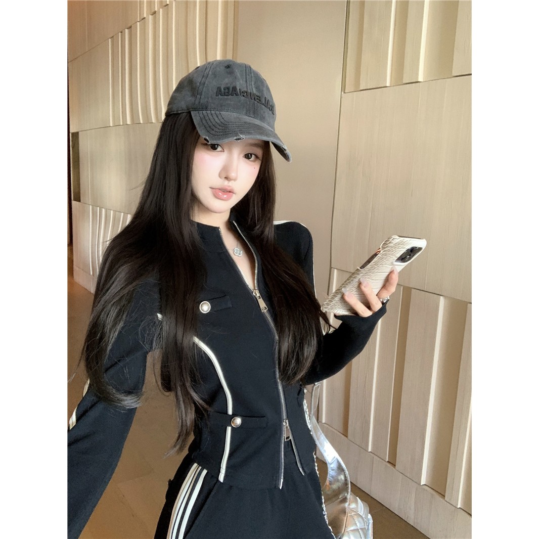 A618小香风长袖双拉链外套女秋季运动套装休闲裤阔腿裤两件套