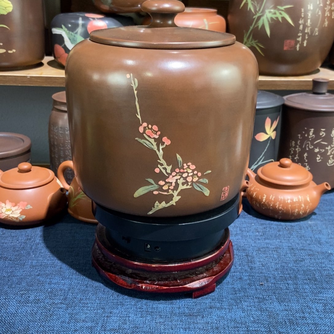 8建水紫陶手工精磨彩填醒茶罐