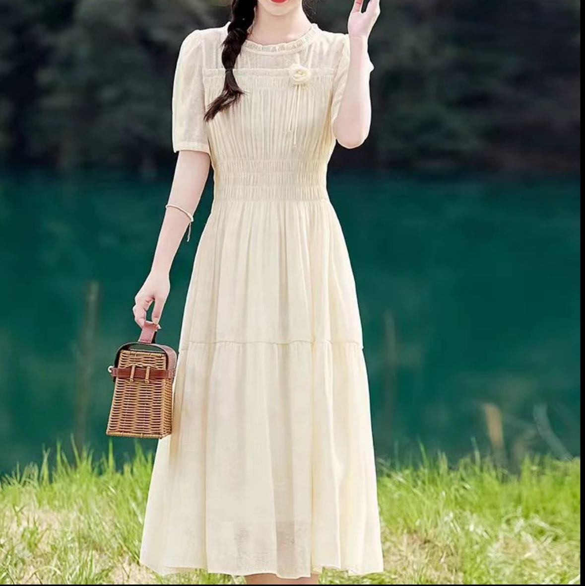 [H3965白紫连衣裙]夏季纯色女士时尚气约潮拼接裙子