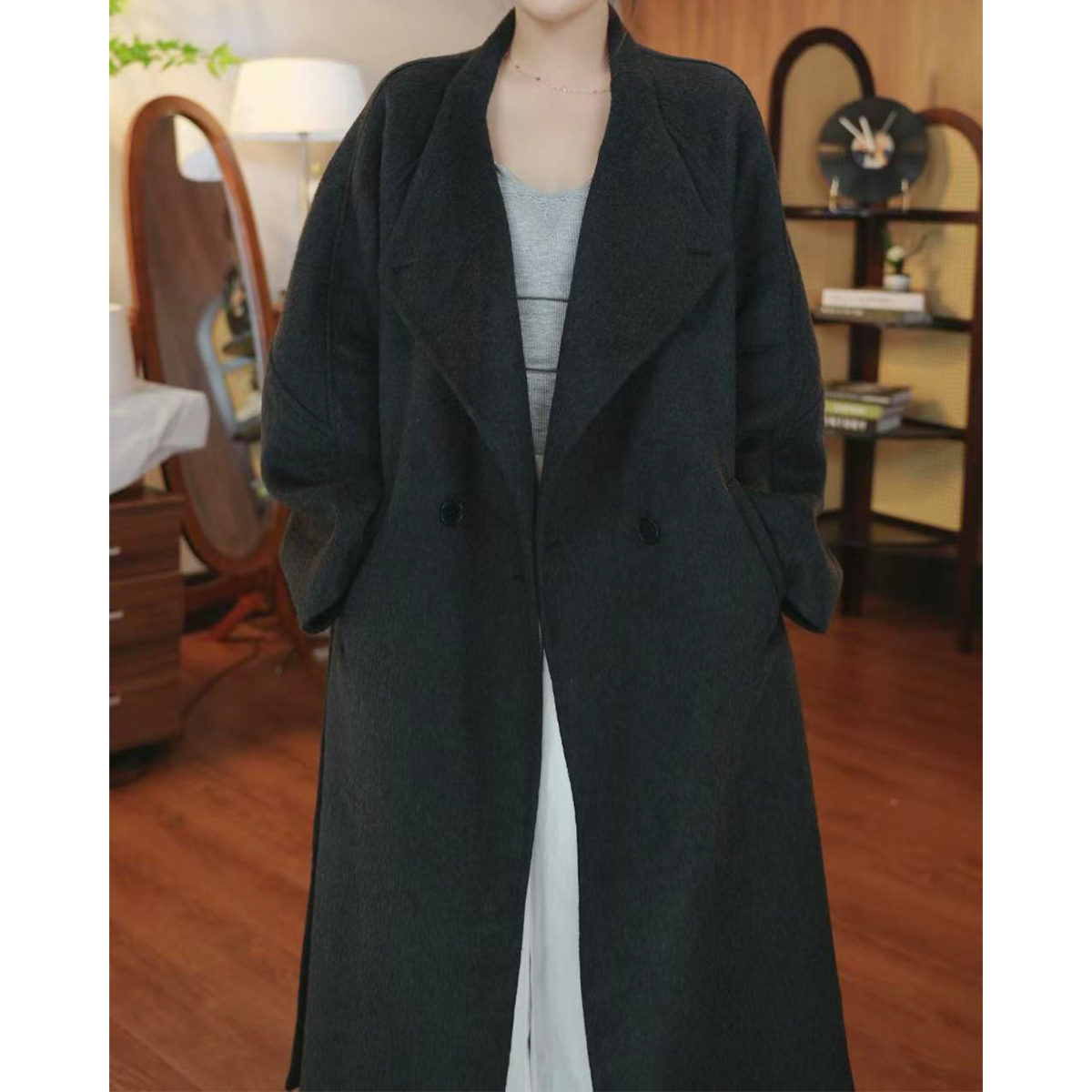 【70羊毛高货】2025秋冬双面绵羊毛大衣中长款大翻领两穿毛呢外套