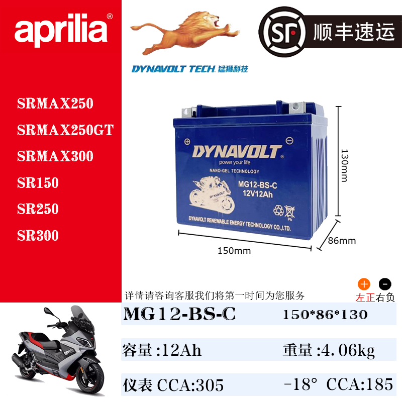 阿普利亚SR660 SRMAX250 GPR150 GPR250 SR250摩托适配猛狮电瓶