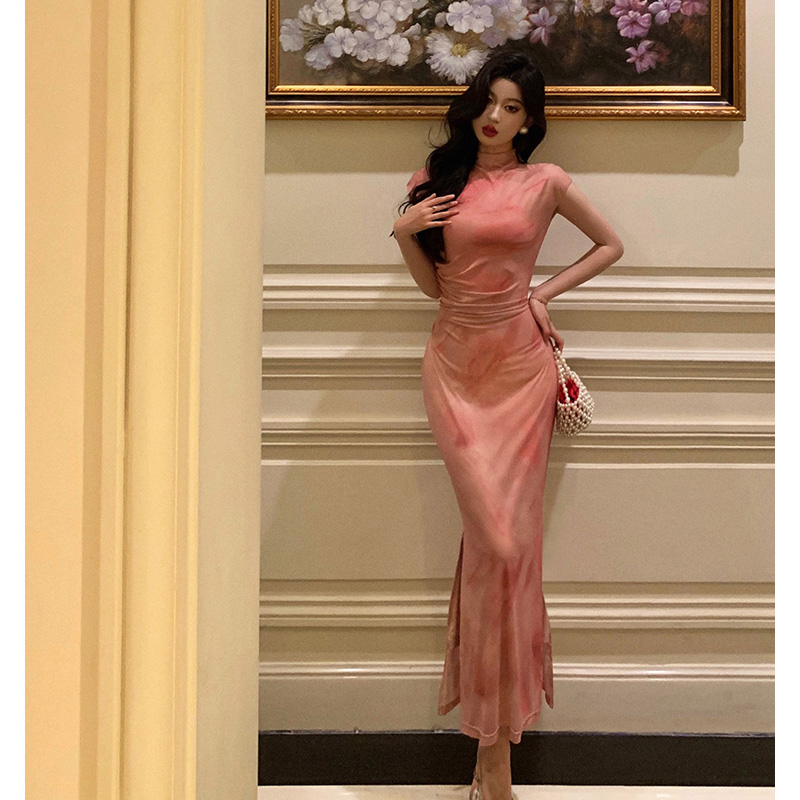 晕染改良旗袍连衣裙女2024夏季新款小众气质温柔开叉长裙3819