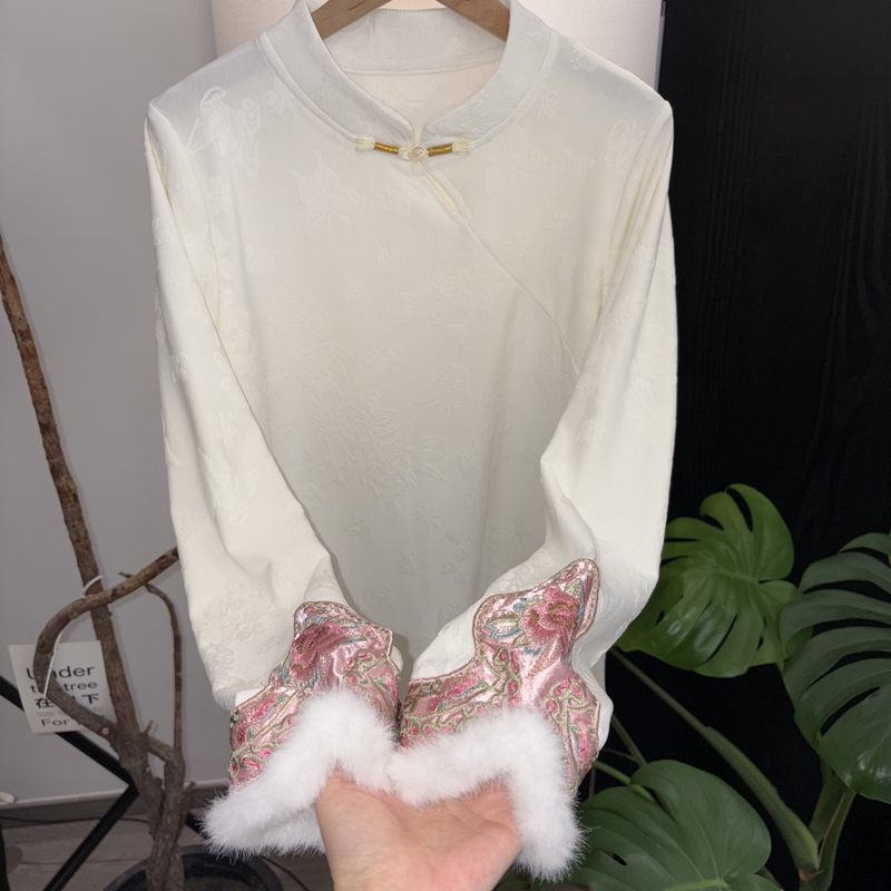 加绒“盘扣马蹄袖” 打底衫 提花冬季新中式百搭复古高级弹力上衣