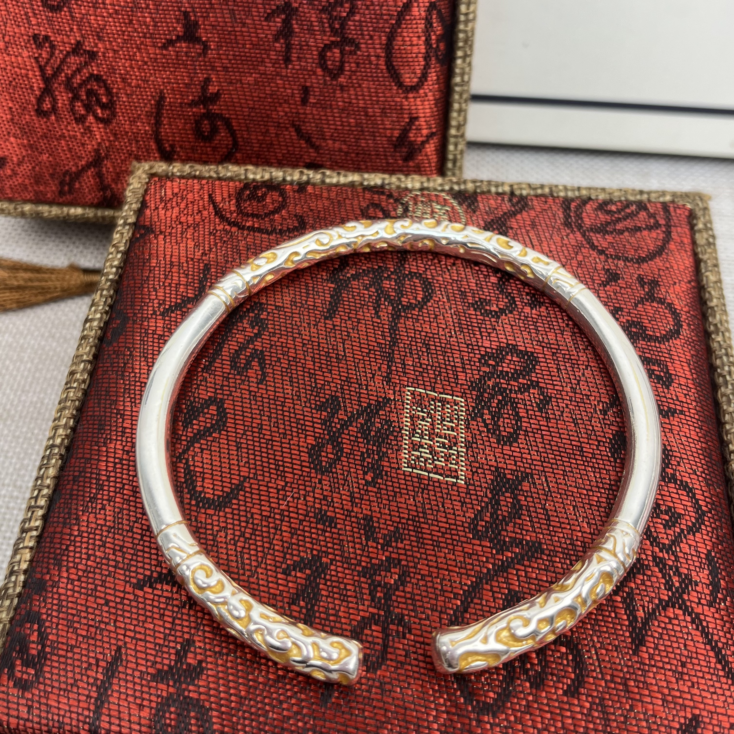 足银手镯 【S145】 描金金箍棒情侣精美实心时尚单圈