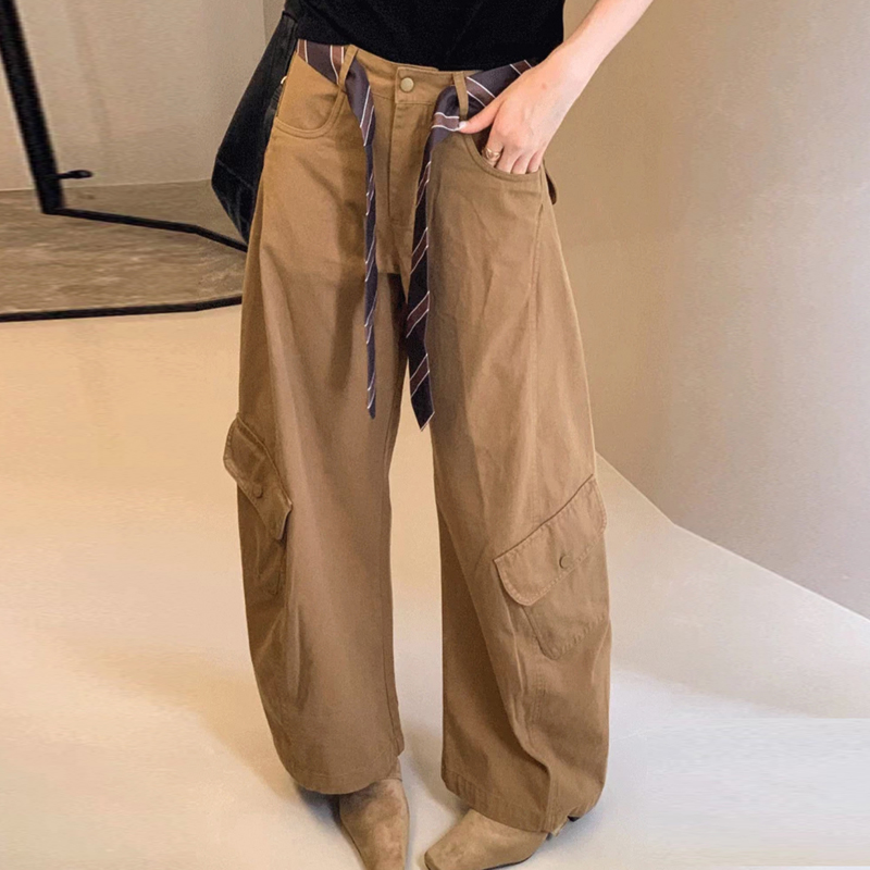 配丝巾拖地工装阔腿裤女欧货2025早秋新款女装直筒休闲裤长裤潮
