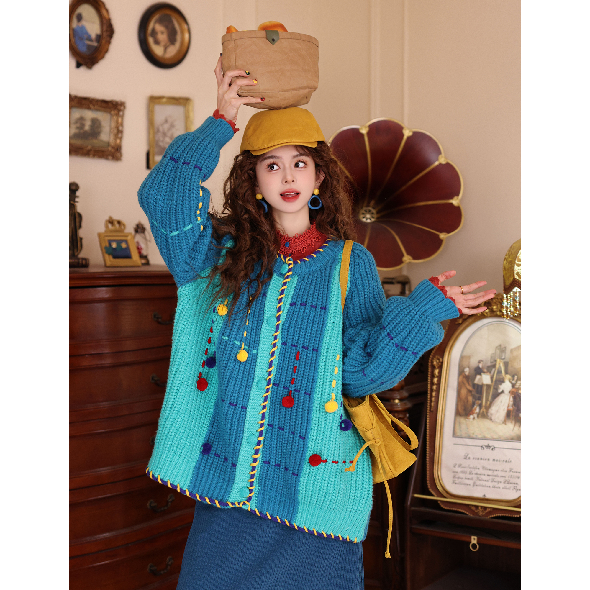 陈大器【夜航地图​】港风复古拼接撞色套头针织百搭毛衣JQ5269363