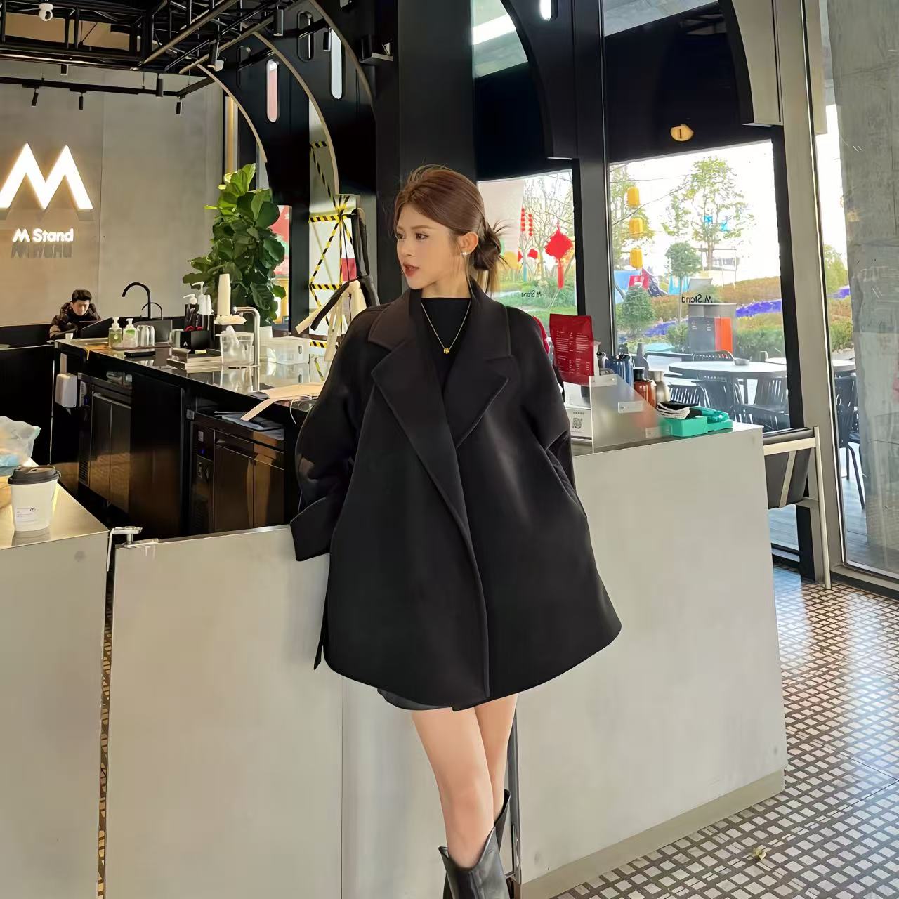 【yiyi】2025年春秋新款双面绒大衣短款小个子韩版宽松显瘦毛呢外套