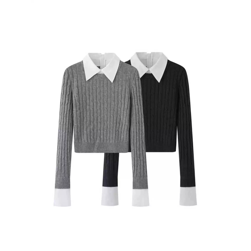 【艾家】秋季新款时尚甜美拼接衬衫领假两件针织衫女=AR803015
