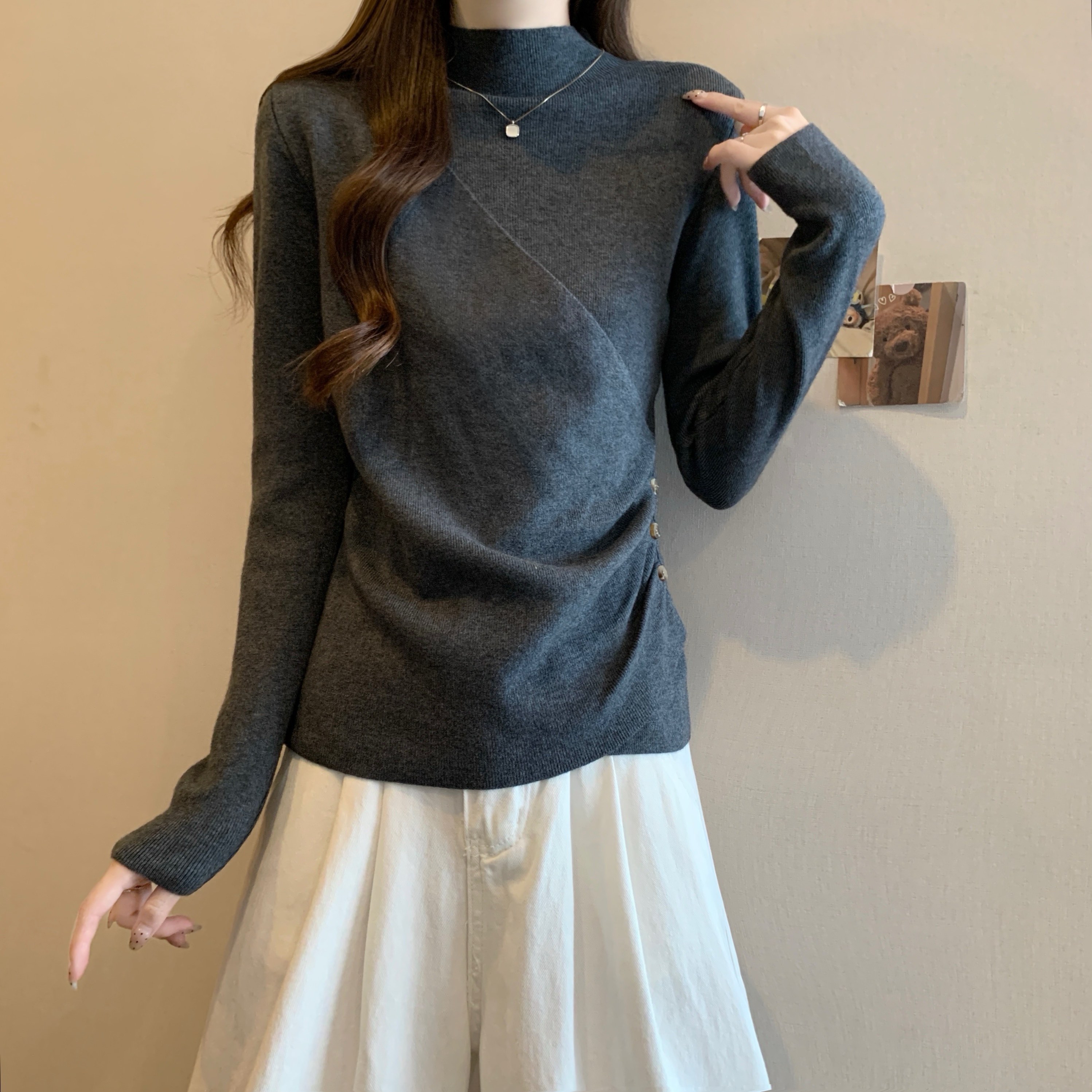 大码女装秋冬半高领设计感长袖针织衫上衣胖MM内搭显瘦打底衫毛衣