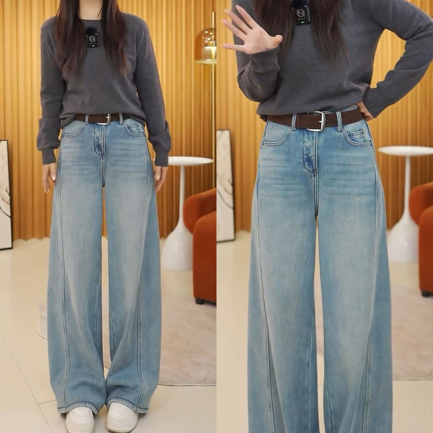 高端加绒牛仔裤女秋冬宽松显瘦拖地裤