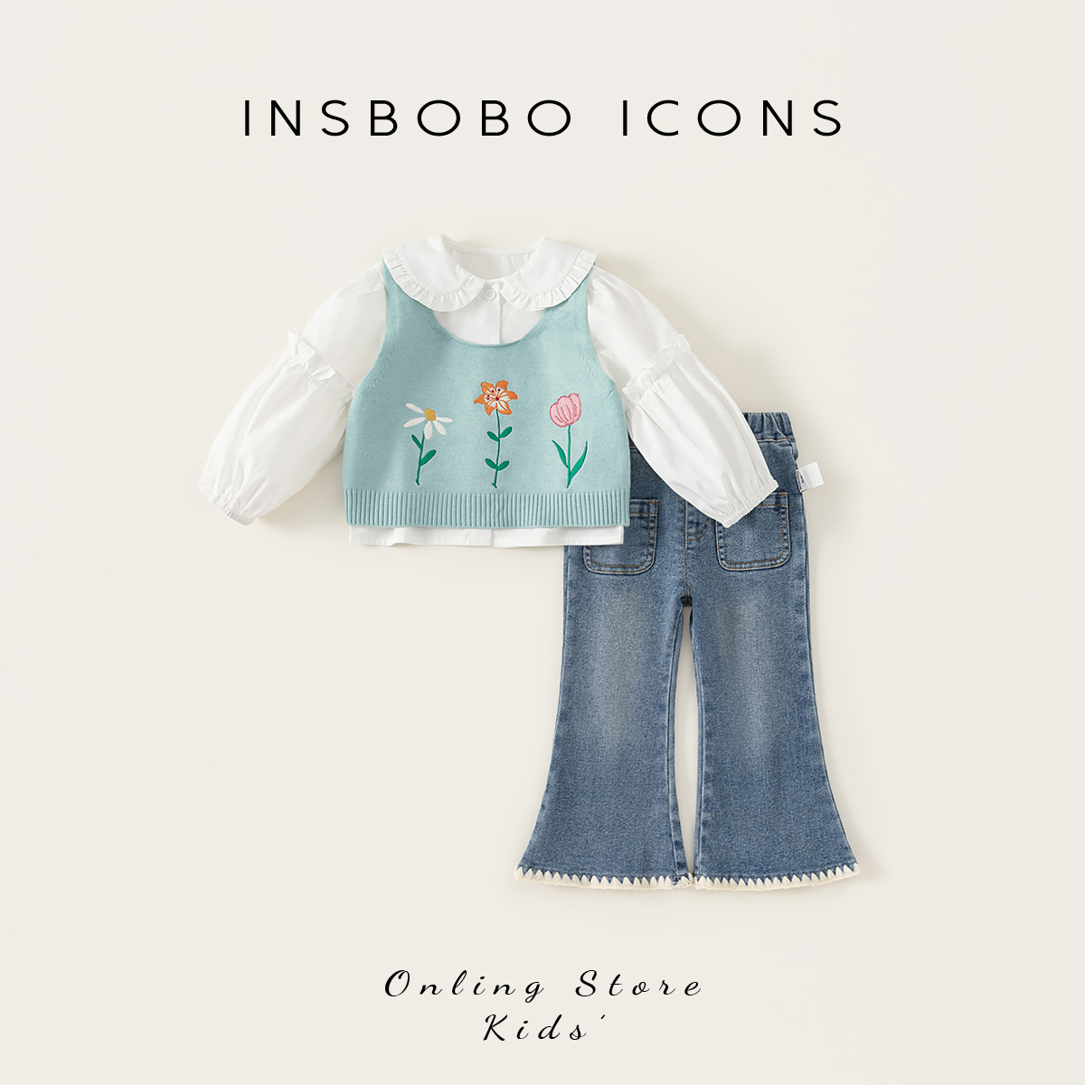 INSbobo女童洋气套装娃娃领衬衫+背心+牛仔喇叭裤三件套CT25118A