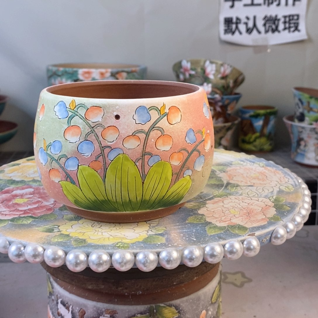 紫砂花盆红陶手绘花盆