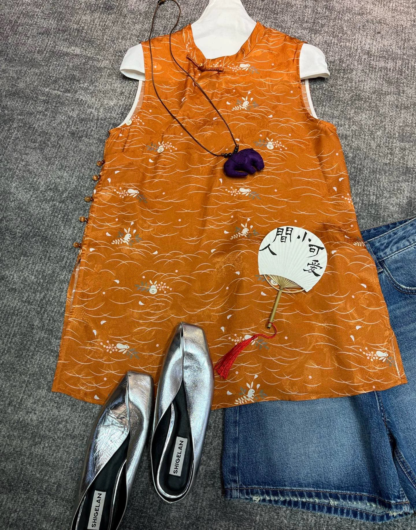 小花家真丝玉兔花园连衣裙