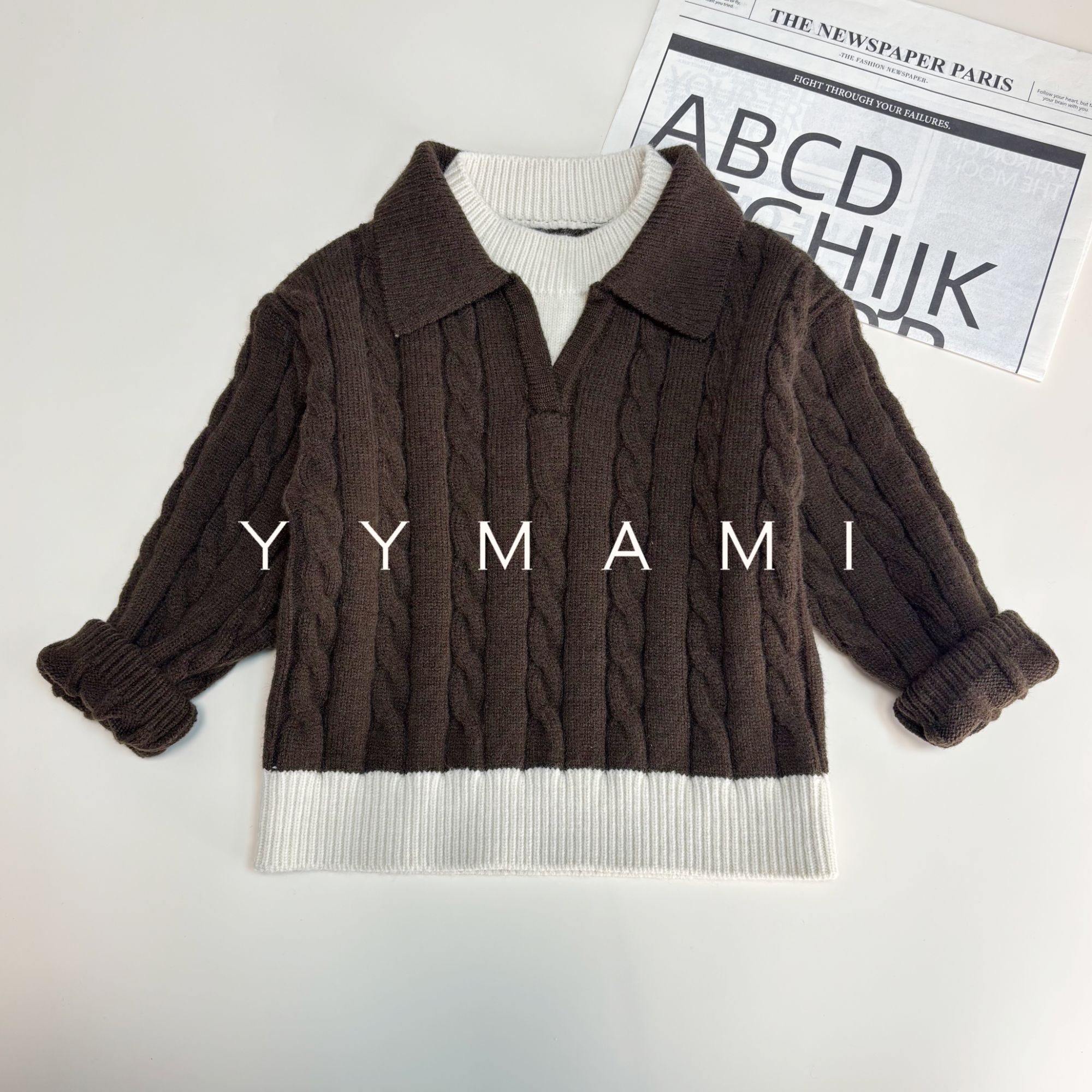 炎炎妈咪【柔光蔓影】冬季男童韩系假两件翻领针织衫百搭加厚毛衣