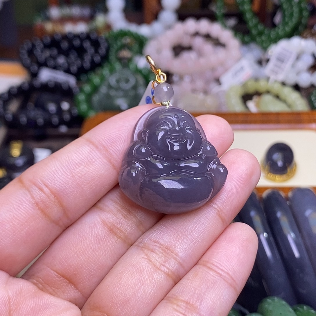 和田玉未镶嵌颈饰浓烟紫老矿料银镶佛公