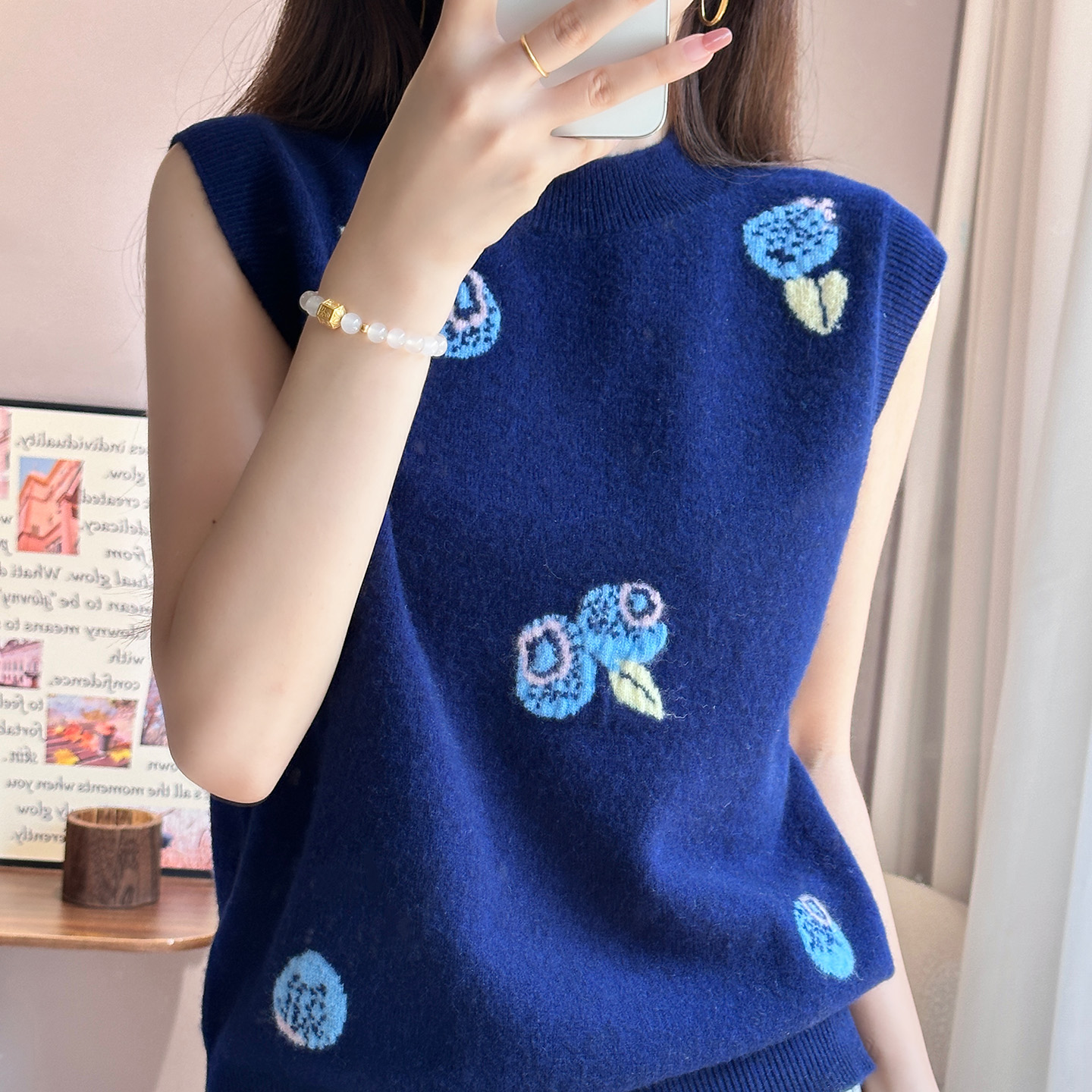 100羊毛打底提花马甲叠穿毛衣女刺绣衫针织打底衫无袖羊毛B6135