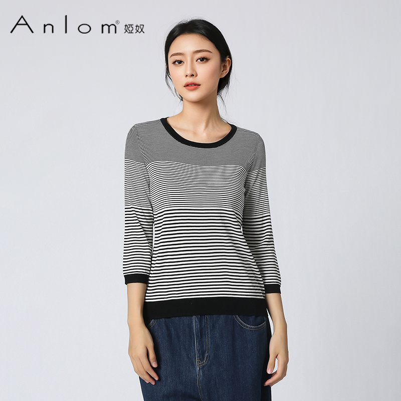 Anlom/娅奴新款文艺休闲亚麻棉混纺条纹百搭16针修身针织衫