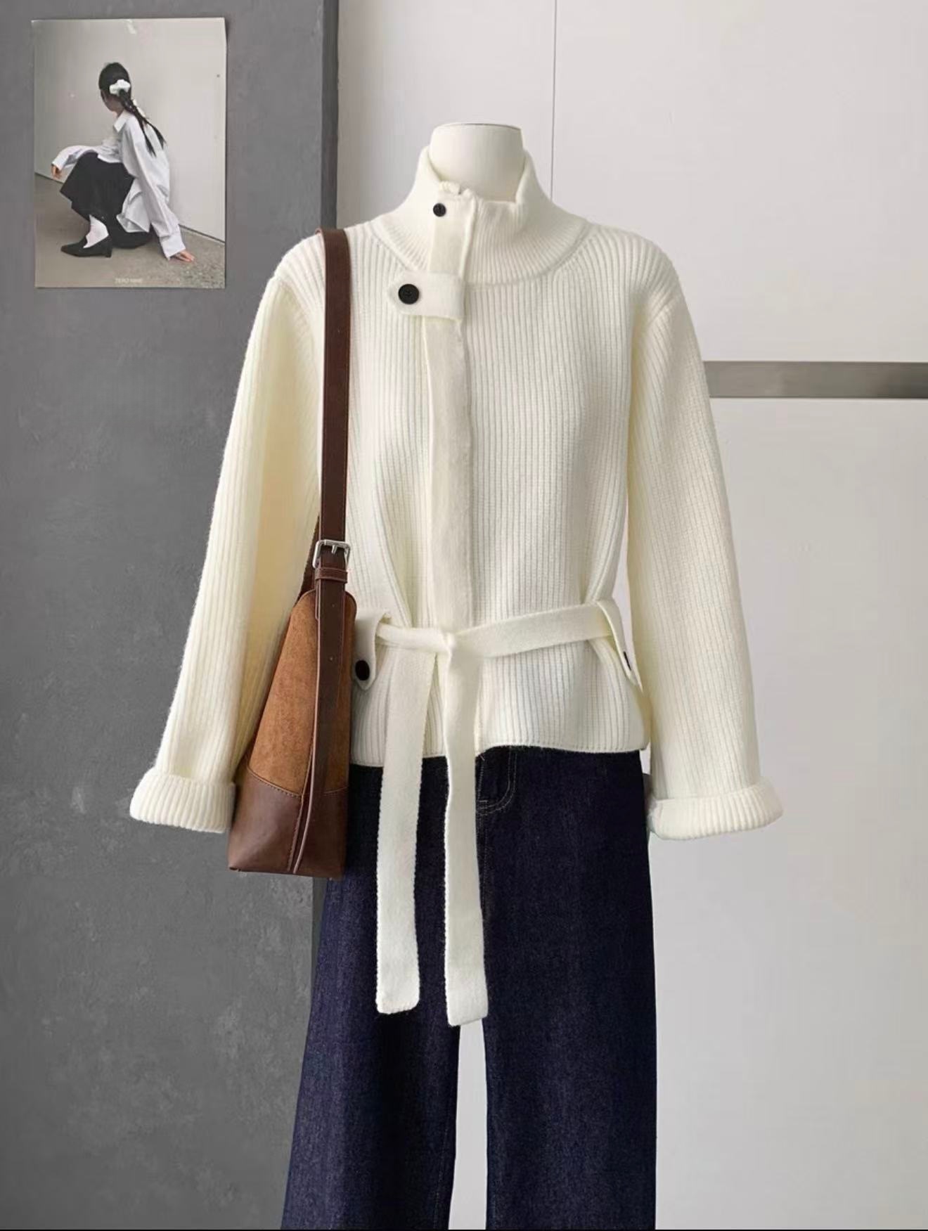 NICE圈圈/收腰显瘦高级感坑条拉链设计立领毛衣外套A533