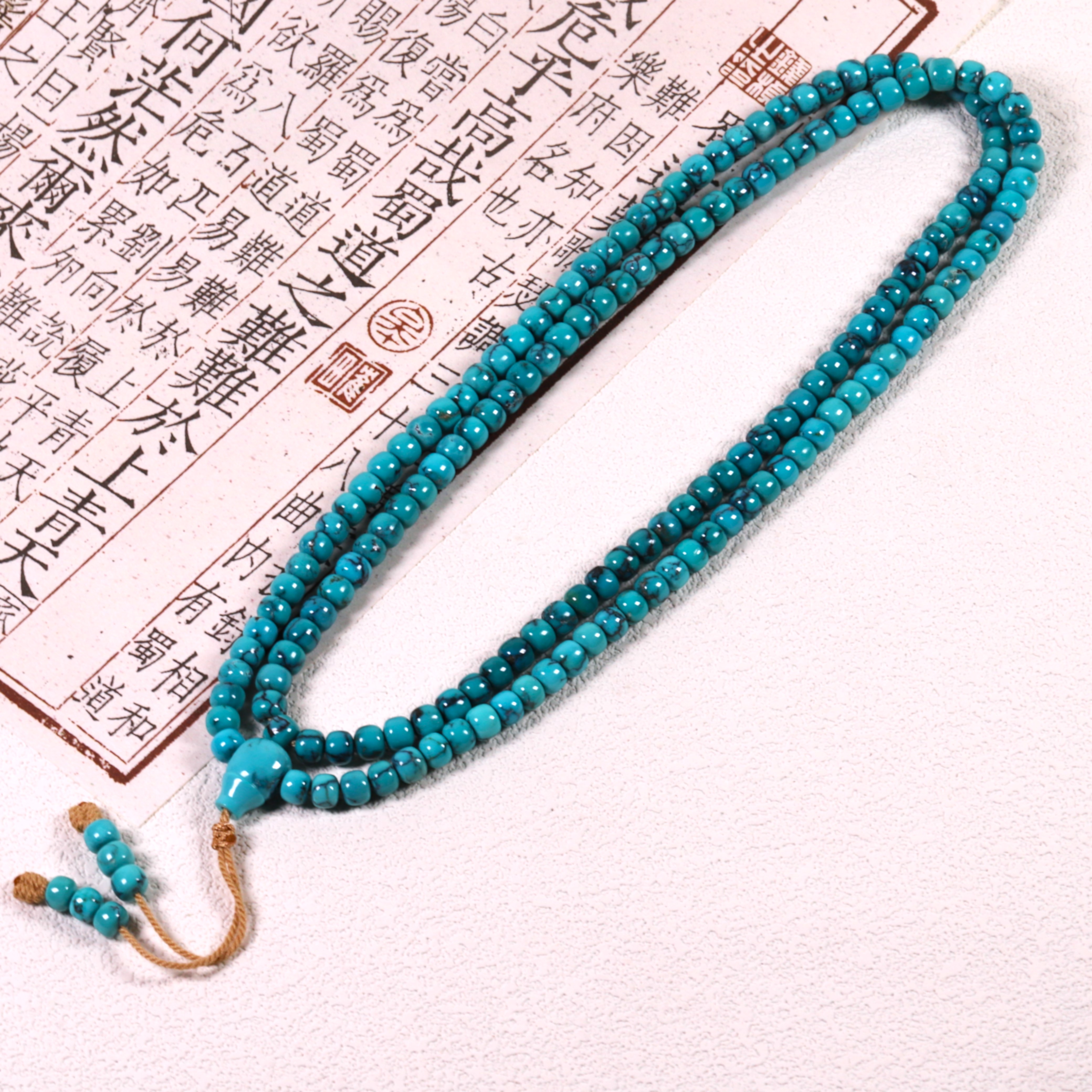 天然原矿绿松石高瓷精品特色水草纹108项链