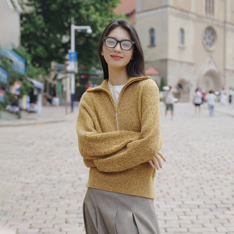 EP雅莹新款女装 精纺羊毛半拉链宽松套头衫毛衣针织衫9575A